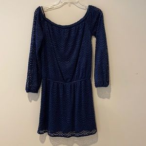 Lilly Pulitzer off the shoulder Navy romper with mini skirt overlay.